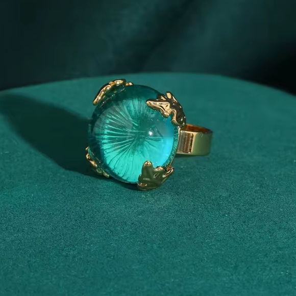 Antique Couture Aqua Crystal Orb Ring 18K Gold Designer Statement Jewelry